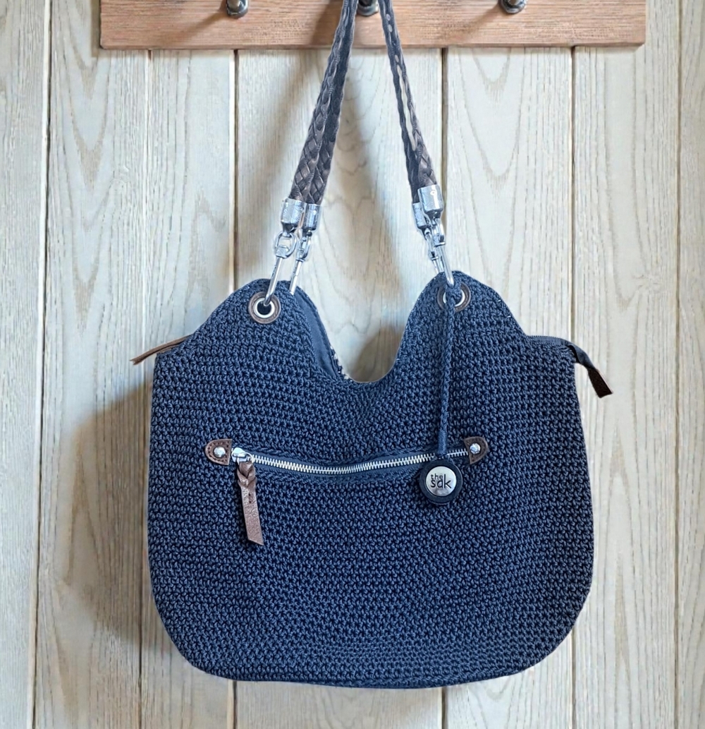 The Sak Knit Handbag Purse Navy Blue Double Strap 15.5 X 9.5"